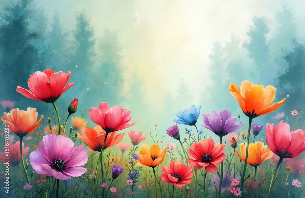 Obraz premium Vibrant watercolor illustration featuring colorful flowers. Artistic floral background, abstract splashes of paint in impressionism style. Soft textures, natural beauty, elegant wallpaper for design.