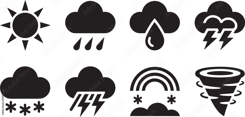 Flat Vector Icons of Weather Conditions on Background for Meteorology, Forecasting, and Environmental Studies Flat Vector Icons of Weather Conditions on Background for Meteorology, Forecasting, and Environmental Studies