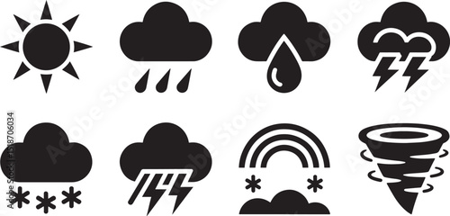 Flat Vector Icons of Weather Conditions on Background for Meteorology, Forecasting, and Environmental Studies