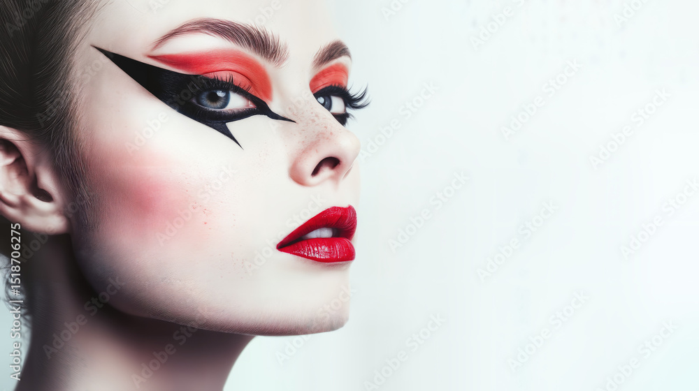 Naklejka premium Daring makeup, Model with creative makeup showcasing bold eyeliner and red lipstick