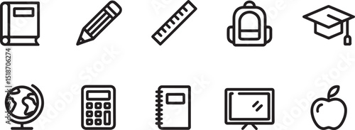 Outline Education Icons Set on  Background School Supplies and Learning Tools for Academic Success and Knowledge