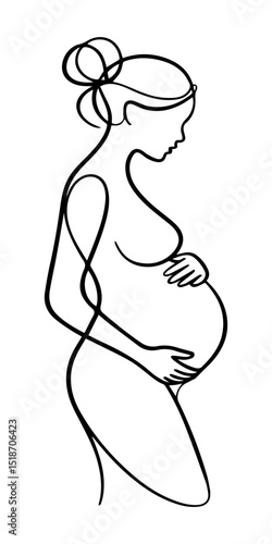 A pregnant woman hand-drawn without interrupting the movement of a line on a white isolated background. Vector graphics. EPS.