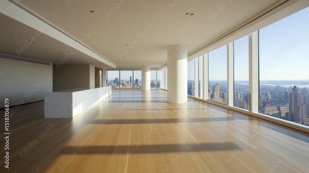 Obraz premium Spacious penthouse interior with panoramic city views.