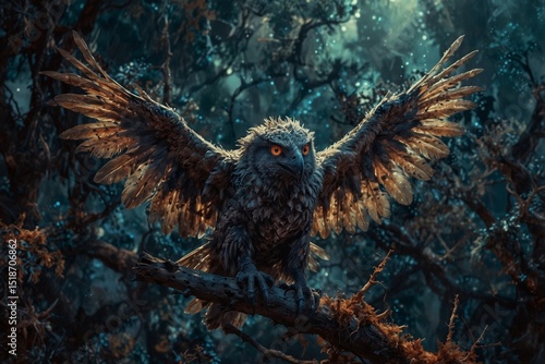 Majestic owl perched on a branch in a dark forest