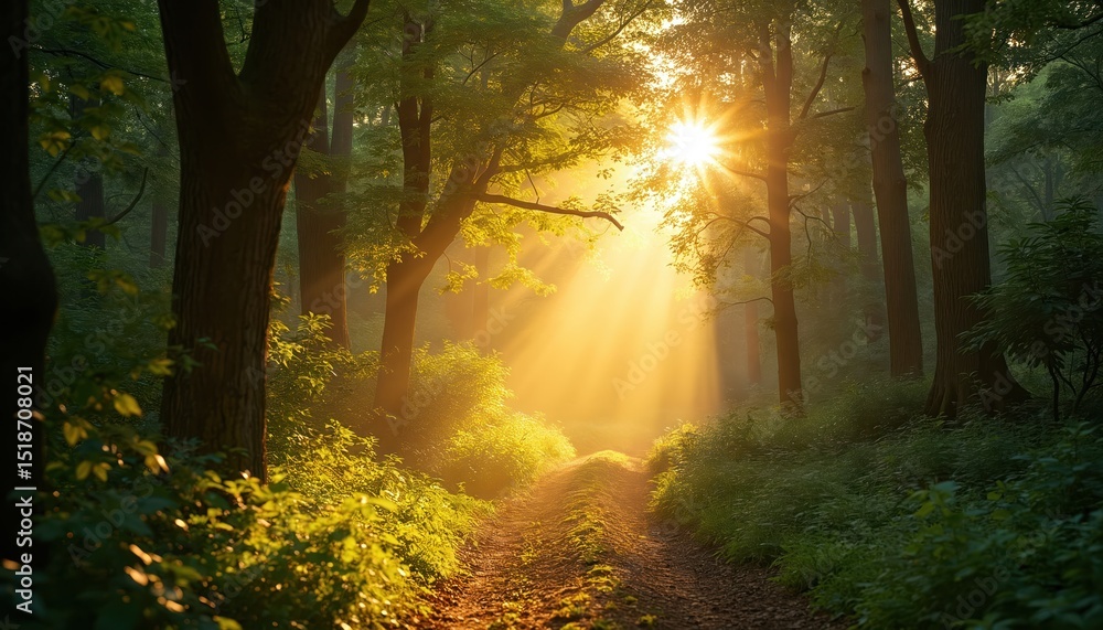 Obraz premium Majestic sunbeams through forest trees. Morning golden hour, light rays through rich green foliage. Tranquil nature scene on trail through woods. Perfect for travel eco tourism. Calm, serene,