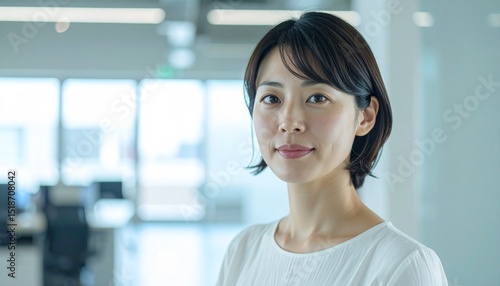 Free Download ガラスの間仕切りが美しい明るく清潔なオフィスで、耳に髪をかけた落ち着いた表情の30代日本人女性が静かに前を見つめる - GFXLoad