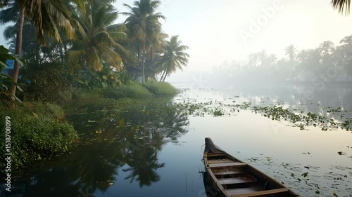 Pushing over tropical backwater river with lush green foliage and moored wooden canoe, captured in a serene dawn light.