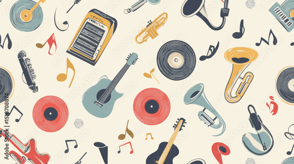 Obraz premium Retro musical instrument and vinyl pattern vector background with colorful notes for presentations