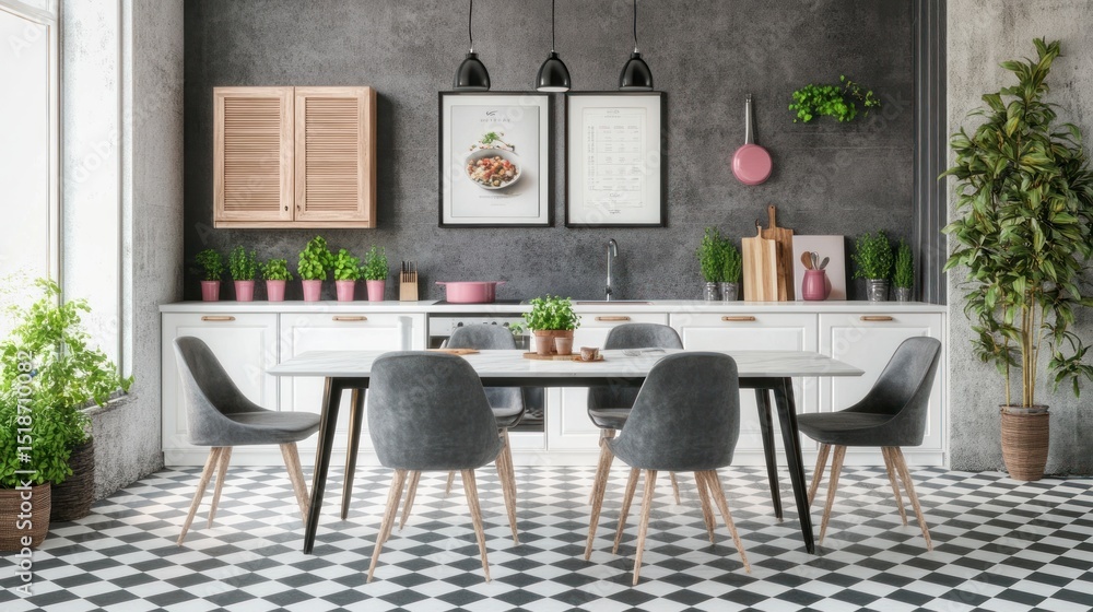 Fototapeta premium A modern kitchen dining area with gray chairs and a white table.