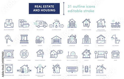 A versatile icon pack for real estate and home projects: keys, offices, garages, balconies, Wi-Fi, smart homes, and more. Fully customizable outlines for easy use in any design !