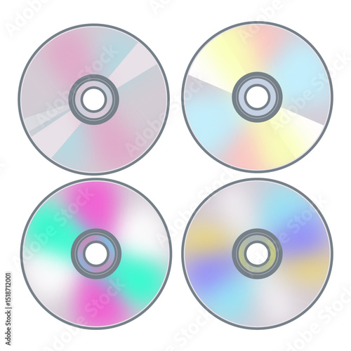 Four compact discs CD with realistic colorful rainbow reflections on a white background. Vector illustration.