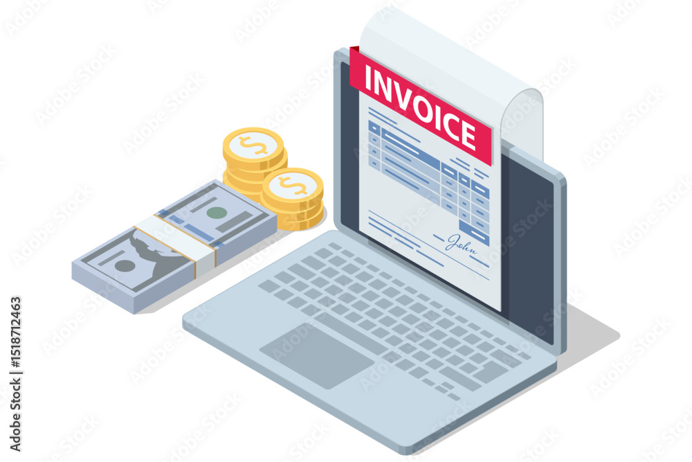 Isometric Modern vector illustration for e-billing, accounting, and online finance management. Electronic invoice system digital invoice receipt, coins, payment icon, and email notification Isometric Modern vector illustration for e-billing, accounting, and online finance management. Electronic invoice system digital invoice receipt, coins, payment icon, and email notification