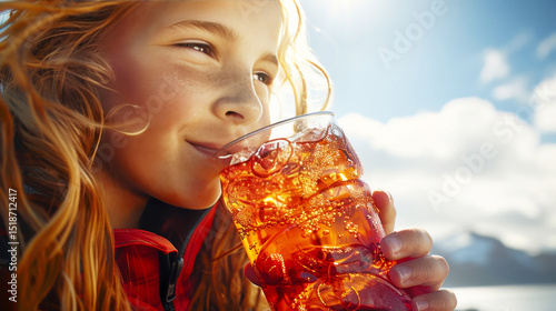 Close up of a freckled redhead girl in sportswear enjoying a fizzy drink under the sunny sky