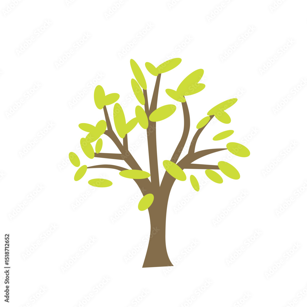 Fototapeta premium Set of tree and leaf collection hand drawn flat design vector element. botanical set of bare trees and ones with leaves and lush green