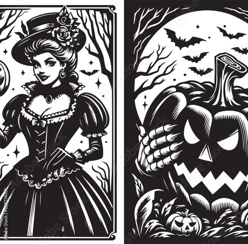 Spooky Retro Lady with Halloween Pumpkin – Black Ink Vector