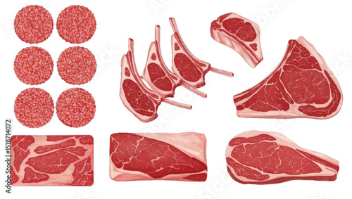 Various Cuts of Raw Beef on White Background, Vector 