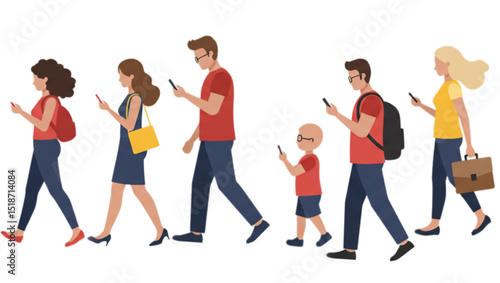 A group of ordinary people of mixed ages walk by looking at phones, Vector 