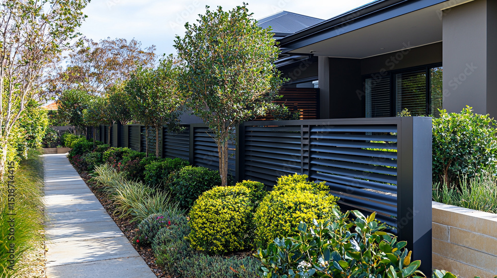 Obraz premium Modern aluminum fence with horizontal slats sits atop a grey concrete block base. Paired with a dense green hedge, it enhances privacy and style in a sleek, contemporary garden or outdoor design.
