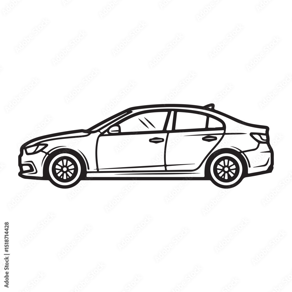 simple black and white line drawing of a sedan-style car. The car appears to have a generic, four-door sedan shape with basic details like wheels, windows, and a front grille. The drawing has a minima simple black and white line drawing of a sedan-style car. The car appears to have a generic, four-door sedan shape with basic details like wheels, windows, and a front grille. The drawing has a minima
