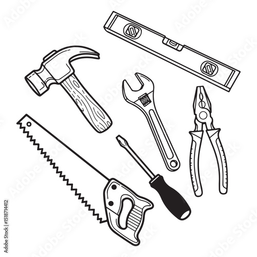 a collection of simple black and white line drawings depicting various tools and hardware items. The drawings have a minimalist, schematic style, providing basic outlines and shapes of the tools