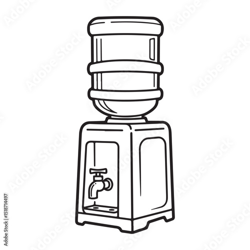 simple line drawing of a water dispenser or cooler. The dispenser has a rectangular base with a spigot or tap on the front, and a cylindrical water bottle or container on top. 