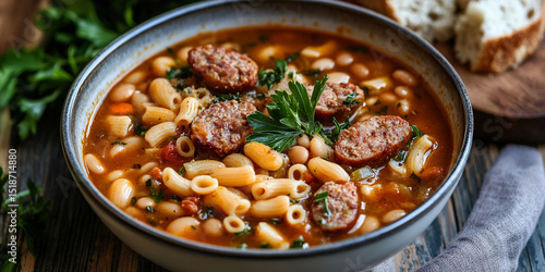 Porotos con riendas or bean and pasta soup with sausage