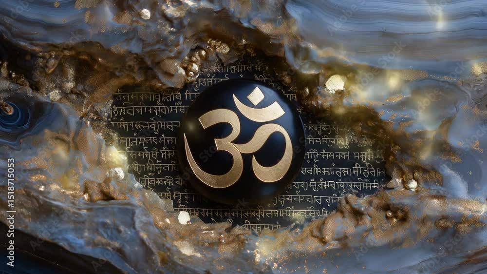 Layers of ancient Sanskrit script with Om symbol in gold, illustrating ...