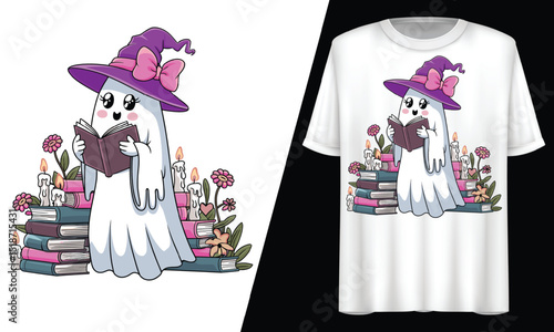 Book Loving Ghost with Witch Hat, T-Shirt Design.