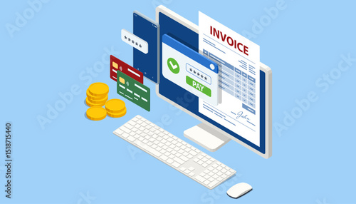 Isometric Mobile invoice payment concept. Isometric vector illustration of electronic bill, smartphone, currency icons, and notification envelope for digital finance and banking.