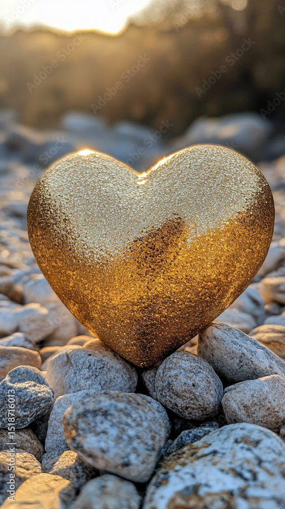 Obraz premium A sleek, reflective golden heart rests in a serene desert oasis, glowing with warmth and elegance. The smooth form contrasts with the blurred natural background, with space for minimal text.