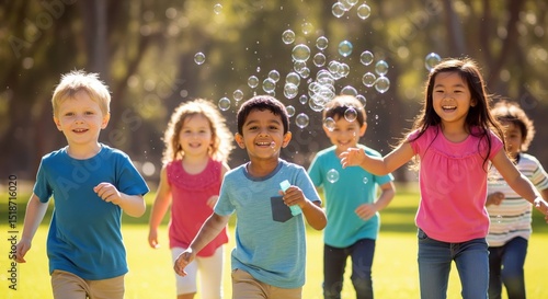 Group of joyful multi ethnic children running through the park, playing with soap bubbles and enjoying carefree moments together