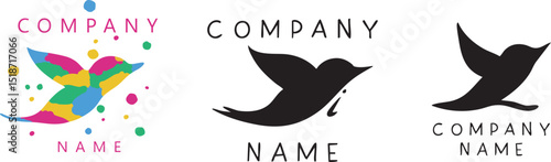 Set of three modern bird logo designs featuring a stylized flying bird shape. Includes versions in black, multicolor, and minimal black-and-white with placeholder company text.