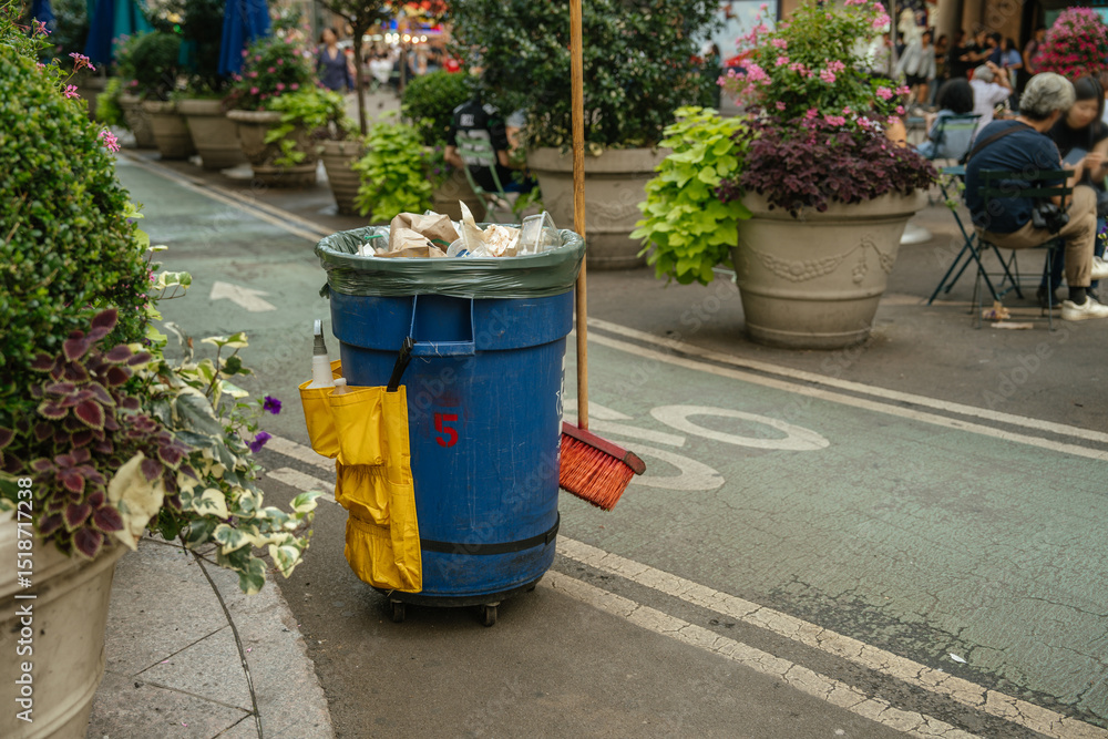 custom made wallpaper toronto digitalA blue trash bin with a broom and cleaning supplies stands on a street in New York. Large planters and people are seen in the background of this urban setting.
