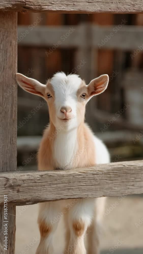 Adorable young goat with white face and tan markings standing by rustic wooden fence in outdoor farm setting, looking directly at camera. Adorable young goat with white face and tan markings standing by rustic wooden fence in outdoor farm setting, looking directly at camera.