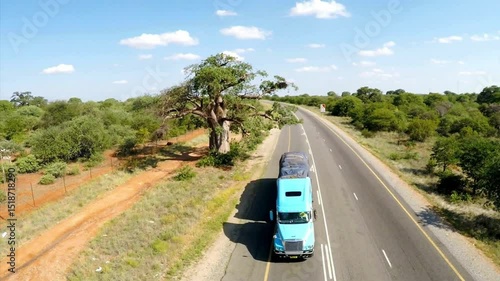 African Savanna Landscape: Two-Lane Highway Road Through Scrubland