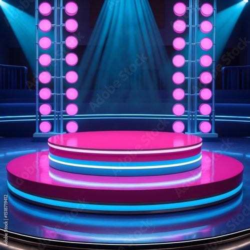 Vibrant Neon Pink and Blue Circular Stage Platform with Strip Lights