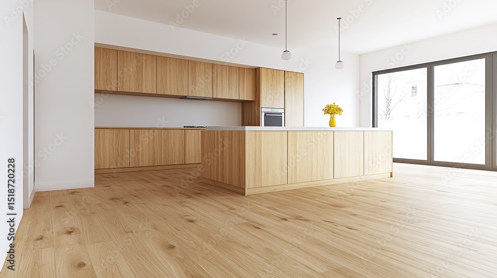Fototapeta premium Modern kitchen interior with light wood cabinets and flooring.
