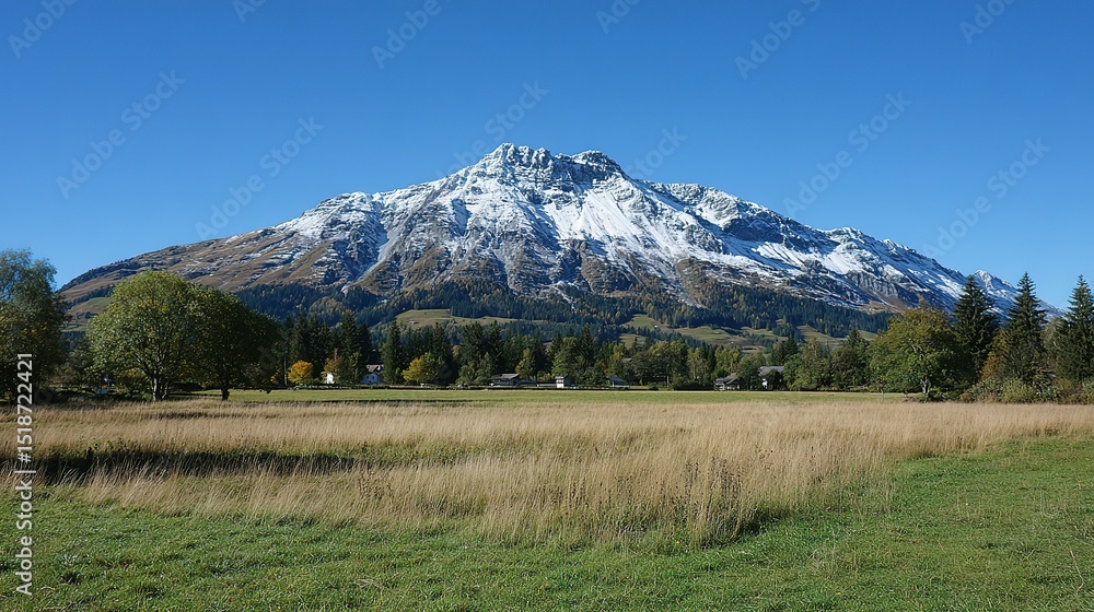 Fototapeta premium Snowy mountain peak with valley and meadow below.