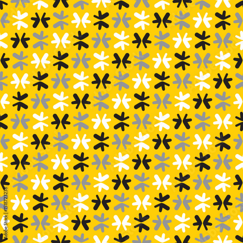 Doodle abstract vector pattern seamless. Scribbled arrows repeat background tile in yellow, black, white and gray.