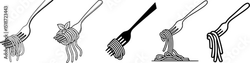 Vintage metal Fork Holding wrapped spagetti Vector Set – Black and White Hand-Drawn Illustration with metal minimalist fork and Retro Style Texture