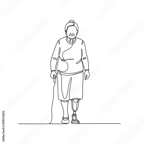 Elderly woman walking with a prosthetic limb and cane in a minimalist style  