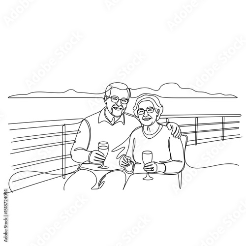 Elderly couple enjoying drinks together on cruise ship deck  