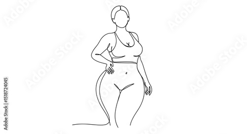 Curvy woman standing confidently in stylish outfit with outline design  