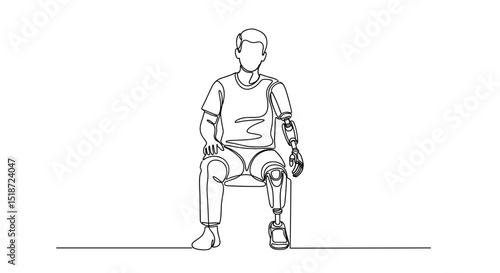 Man sitting with prosthetic limbs in a minimalist line drawing style  