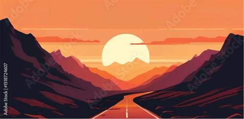 Road leading to mountains. Road view. Sunset view. Mountains landscape. Vector illustration.