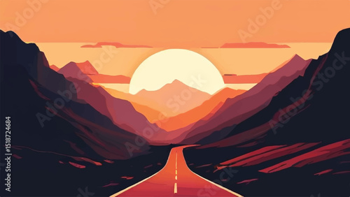 Road leading to mountains. Road view. Sunset view. Mountains landscape. Vector illustration.