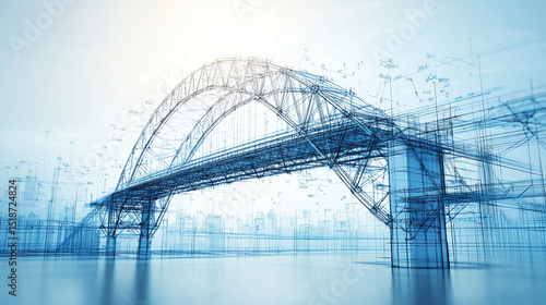 Intricate architectural blueprint of a modern bridge design—symbolizing engineering precision, innovation, structural integrity, and the fusion of technical planning with architectural vision.
