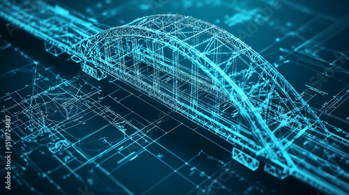 Intricate architectural blueprint of a modern bridge design—symbolizing engineering precision, innovation, structural integrity, and the fusion of technical planning with architectural vision.
