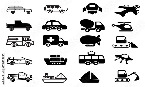 "Black and White Silhouette Icons of Cars, Trucks, Planes, Helicopters, Construction Vehicles, and UFOs"