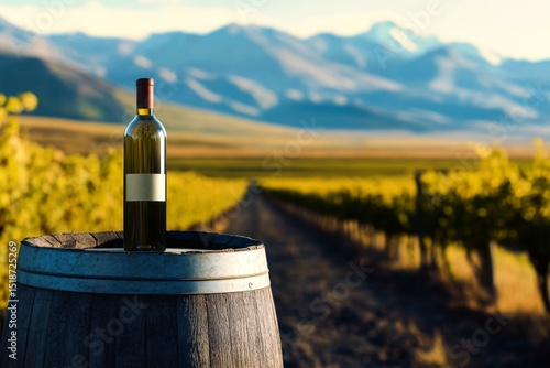  Wine bottle mockup on barrel in scenic Chilean vineyard with mountains in background, ideal for branding visuals.